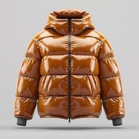 Stylish brown puffer jacket with a glossy finish and hood, perfect for cold weather fashion. photo