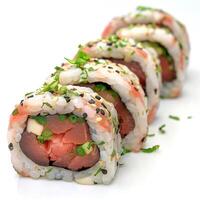 A beautifully arranged sushi roll featuring fresh tuna, rolled with rice and garnished with herbs and sesame seeds. photo