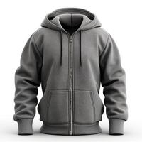 A stylish gray zip-up hoodie displayed against a neutral background, showcasing its soft fabric and modern design. photo
