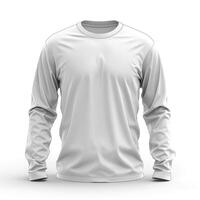A plain long-sleeve white shirt, ideal for casual or athletic wear, displayed against a simple background. photo