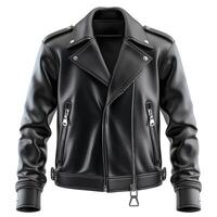 Stylish black leather biker jacket with zipper details and a classic design. photo