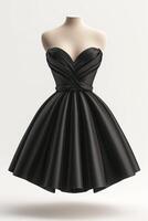 Elegant black strapless cocktail dress displayed on a mannequin, showcasing a timeless and chic design. photo