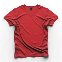 A vibrant red v-neck t-shirt displayed flat, showcasing its smooth texture and rich color. photo