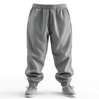 A pair of gray athletic joggers laid out against a clean white background. photo