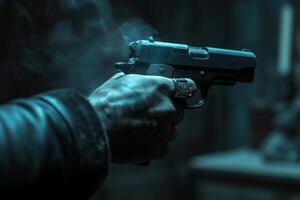 A close-up of a man's hand holding a pistol, surrounded by a moody, dimly lit atmosphere with smoke. photo