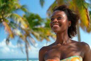 Smiling Black woman enjoying a sunny day at the beach, surrounded by palm trees. photo