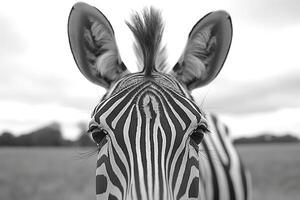Close-up of a zebra's face, showcasing its intricate black and white stripes and expressive eyes. photo
