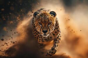 A powerful cheetah charging through a cloud of dust, showcasing its incredible speed and agility. photo