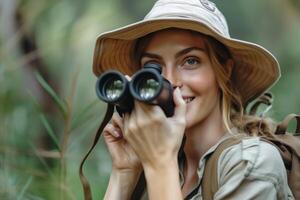 Smiling young Caucasian woman in a safari hat observes nature through binoculars in a lush forest. photo