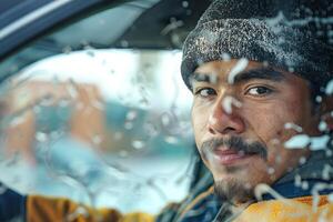 A young Hispanic man with a warm smile sits in a car, partially obscured by raindrops on the window. photo