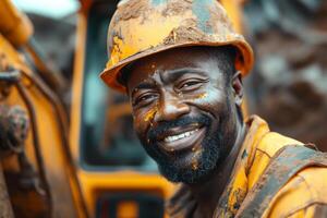 Smiling male construction worker, covered in mud, showcases pride in his work while operating machinery in a vibrant construction setting. photo