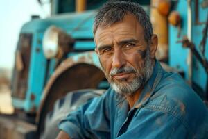 Middle-aged Middle Eastern man with a rugged appearance sits in front of an old truck, showcasing his weathered face and focused expression. photo