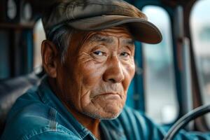An elderly Asian man with deep wrinkles and a thoughtful expression, wearing a cap and sitting inside a vehicle. photo