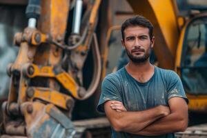 A young Middle-Eastern male construction worker stands confidently with arms crossed, showcasing his strength and dedication at a construction site. photo
