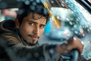 A young South Asian man with a thoughtful expression driving a car, rain droplets on the window adding a moody atmosphere. photo