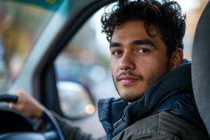 A young Hispanic man with curly hair, looking thoughtfully out of a vehicle window, wearing a cozy jacket. photo