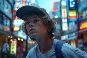 A young Caucasian boy looks up in awe, surrounded by vibrant neon lights in a bustling urban setting. photo