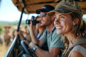 A joyful woman admires wildlife during a safari adventure with friends, showcasing the beauty of nature and exploration. photo