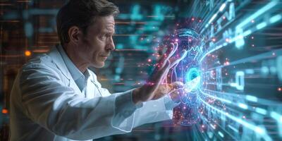 Middle-aged Caucasian male scientist interacting with digital data holograms in a futuristic lab setting. photo