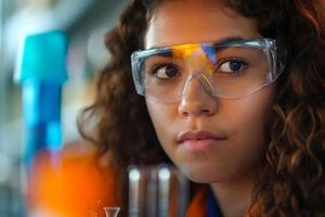 A focused young Latina woman in safety goggles examines a laboratory experiment with curiosity and determination. photo