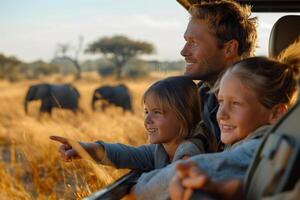 A joyful father and his two daughters observe elephants in the wild during a safari adventure, showcasing family bonding amidst nature. photo