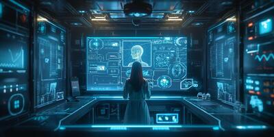 A woman examines advanced holographic technology in a futuristic lab, surrounded by interactive displays and data visualizations. photo