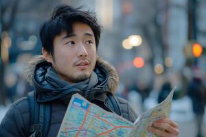 A young Asian man studying a map, looking curious and slightly puzzled in an urban setting during twilight. photo