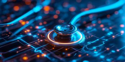 Futuristic blue stethoscope resting on a glowing circuit board, symbolizing advanced healthcare technology. photo