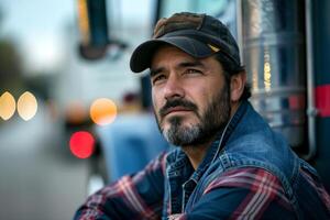 A thoughtful Hispanic man in a cap sitting by his truck, reflecting on the journey ahead. photo