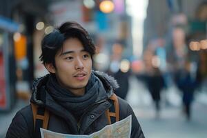 A young Asian man exploring the city, holding a map and looking intrigued amidst a blurred urban backdrop. photo