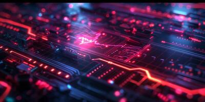 Abstract close-up of a futuristic circuit board illuminated with vibrant pink and blue lights. photo