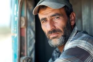 Thoughtful Middle-Eastern man with a beard, wearing a cap, gazes pensively from a vehicle window. photo