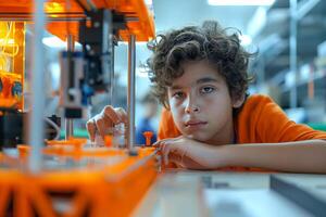 Young boy intently focused on a 3D printer, showcasing innovation and creativity in a bright workshop. photo