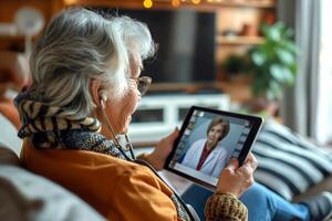 An elderly woman of Caucasian descent engages in a call with a healthcare professional, creating a warm home atmosphere. photo