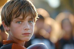 A young Caucasian boy with striking green eyes, focused on the camera amidst a blurred background of teammates. photo