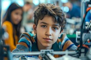 A thoughtful Caucasian boy focuses on a project in a classroom filled with technology, showcasing curiosity and creativity. photo
