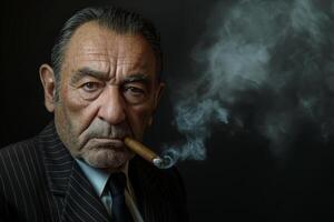A distinguished elderly man with a cigar, wearing a pinstripe suit, exudes confidence and charisma against a dark backdrop. photo