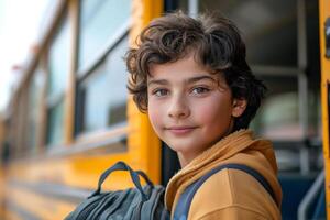 A young boy with curly hair and freckles stands by a school bus, looking confidently at the camera. photo