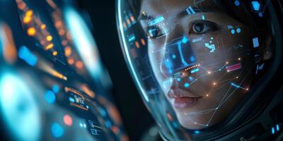 Close-up of a female astronaut with a high-tech helmet displaying digital interfaces and data visuals. photo