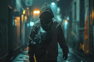 A mysterious figure in a hooded jacket stands alone in a dimly lit urban alley, creating an eerie and suspenseful mood. photo