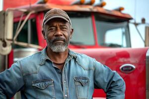 A middle-aged Black man stands confidently in front of a red truck, showcasing a rugged look and a determined expression. photo