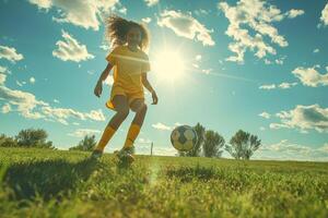 A young girl of mixed ethnicity plays soccer on a sunny day, showcasing joy and energy as she kicks the ball on a grassy field. photo