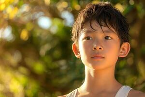 A contemplative young Asian boy gazes into the distance, surrounded by a lush green background, capturing a moment of serenity. photo