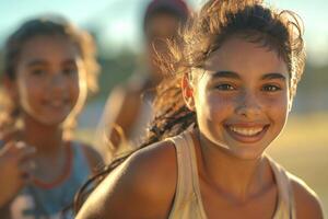 A joyful young girl of Hispanic descent smiles brightly while playing outdoors with friends, capturing the essence of childhood happiness. photo