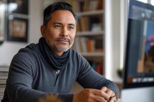 Thoughtful Hispanic man in his 40s, reflecting while sitting at a desk near a computer. photo