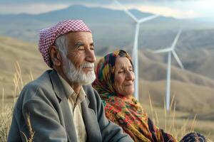 An elderly couple in traditional attire enjoys the serene landscape, with wind turbines gently spinning in the background. photo