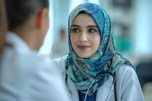 A confident Middle Eastern female doctor in a hijab listens attentively during a patient consultation, showcasing compassion and professionalism. photo