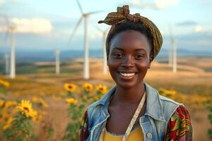 Smiling Black woman in a colorful outfit with a headscarf, surrounded by sunflowers and wind turbines. photo