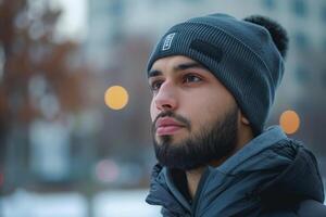 A young Middle-Eastern man gazes thoughtfully while wearing a gray beanie and a dark jacket in a cold urban setting. photo
