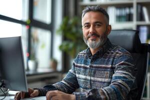 Middle-aged Hispanic man with a beard, smiling confidently while working at his desk in a modern office. photo